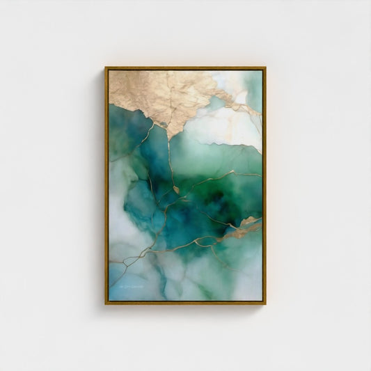 Abstract art piece with green and gold colors on a white wall