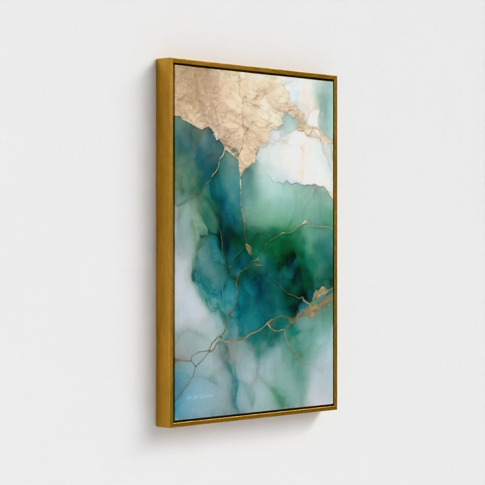 Framed abstract artwork with green and gold colors on a white background