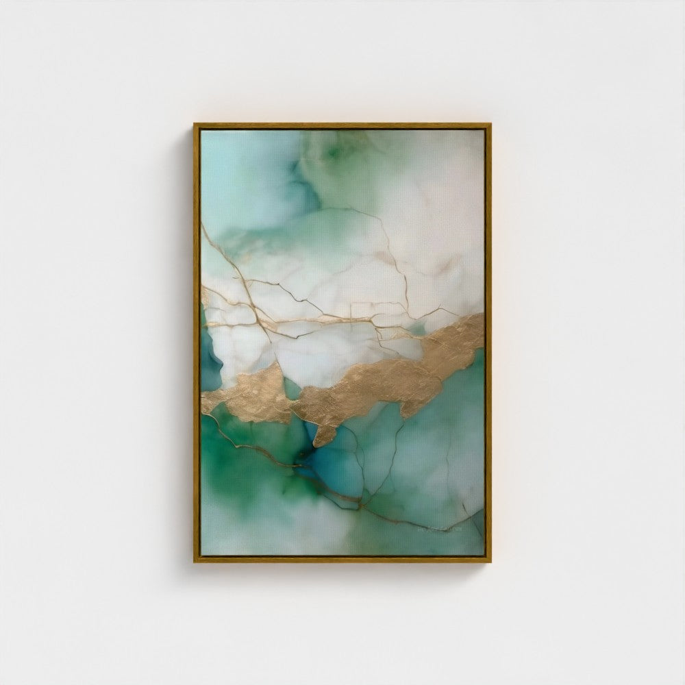 Framed abstract artwork with green, gold, and white colors on a white background