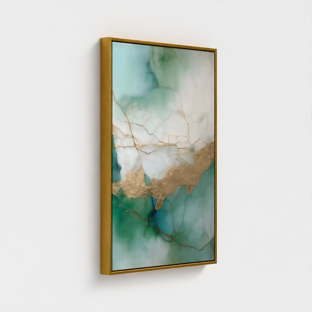 Abstract art piece with gold and green tones in a gold frame on a white background