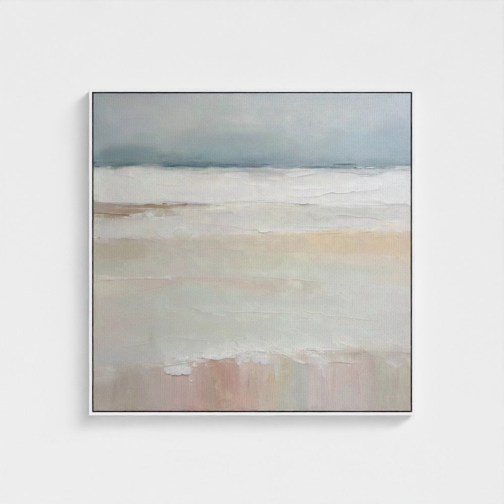 Abstract painting with horizontal brushstrokes in soft colors on a white background