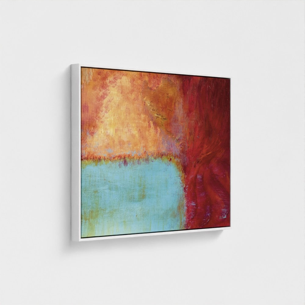 Abstract painting with red, orange, and blue colors on a white wall