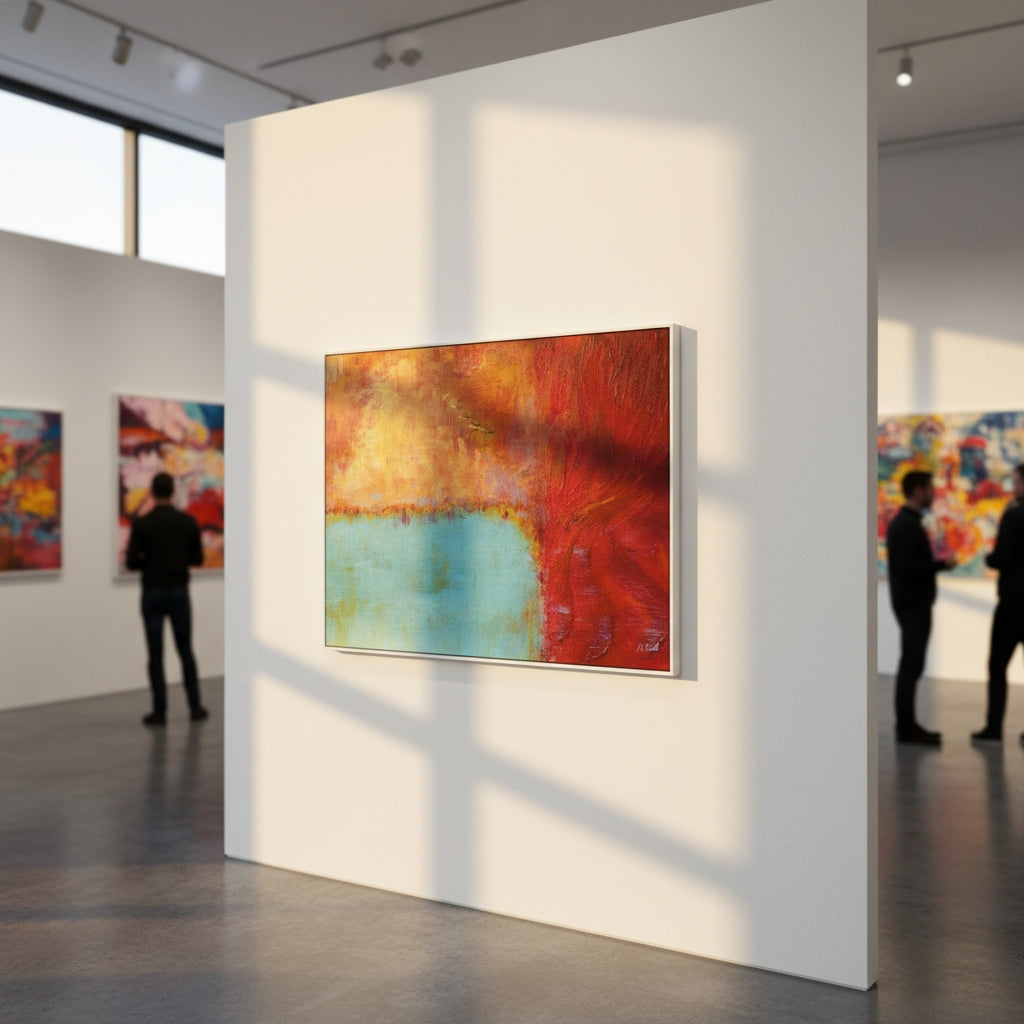 Art gallery with abstract paintings on white walls and people observing the art.