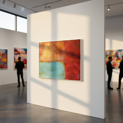 Art gallery with abstract paintings on white walls and people observing the art.