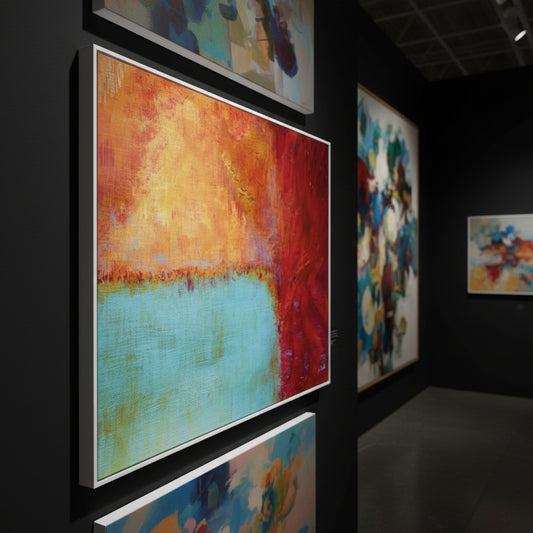 Art gallery with abstract paintings on a dark wall
