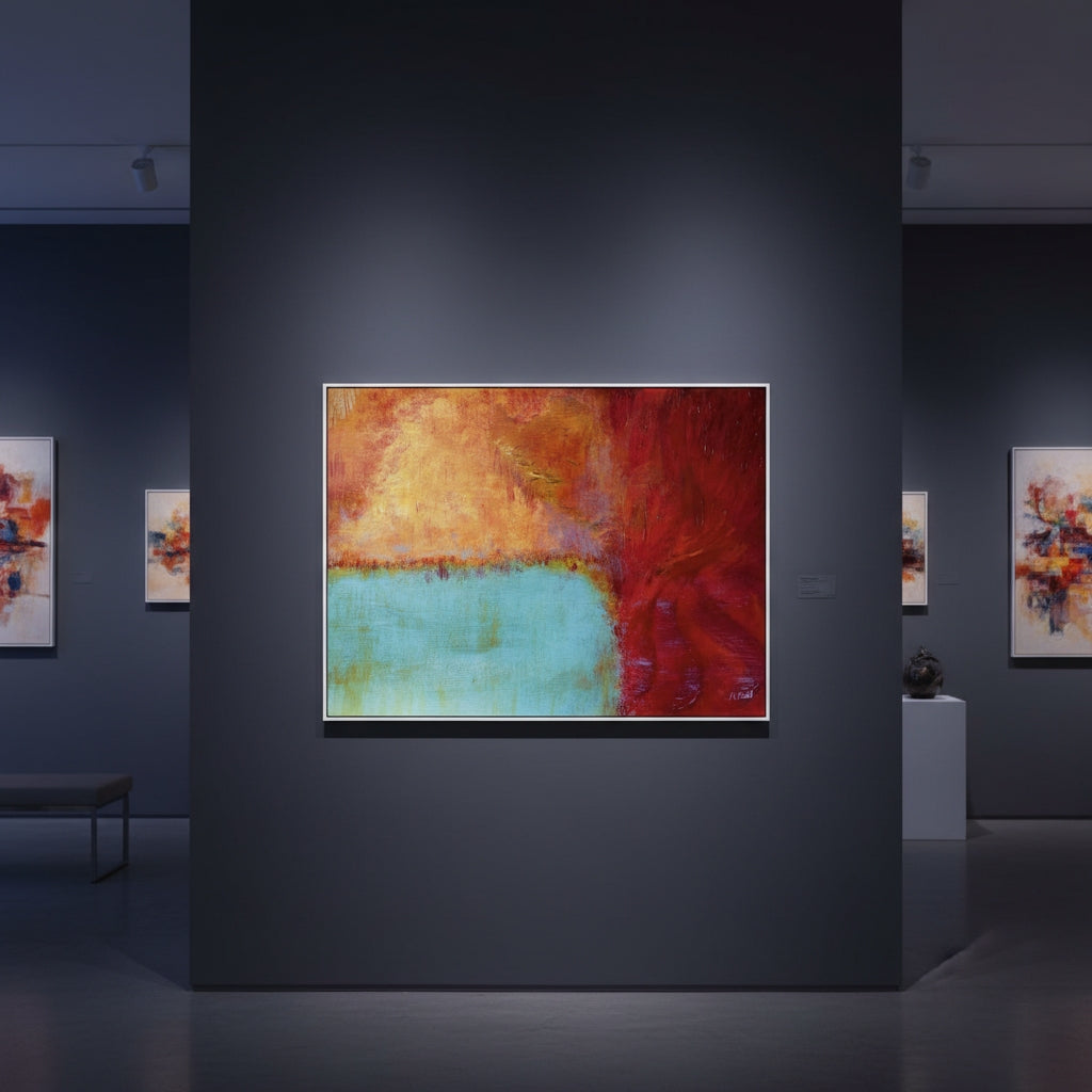 Luxurious bedroom with a chandelier, blue wall, and colorful abstract painting.