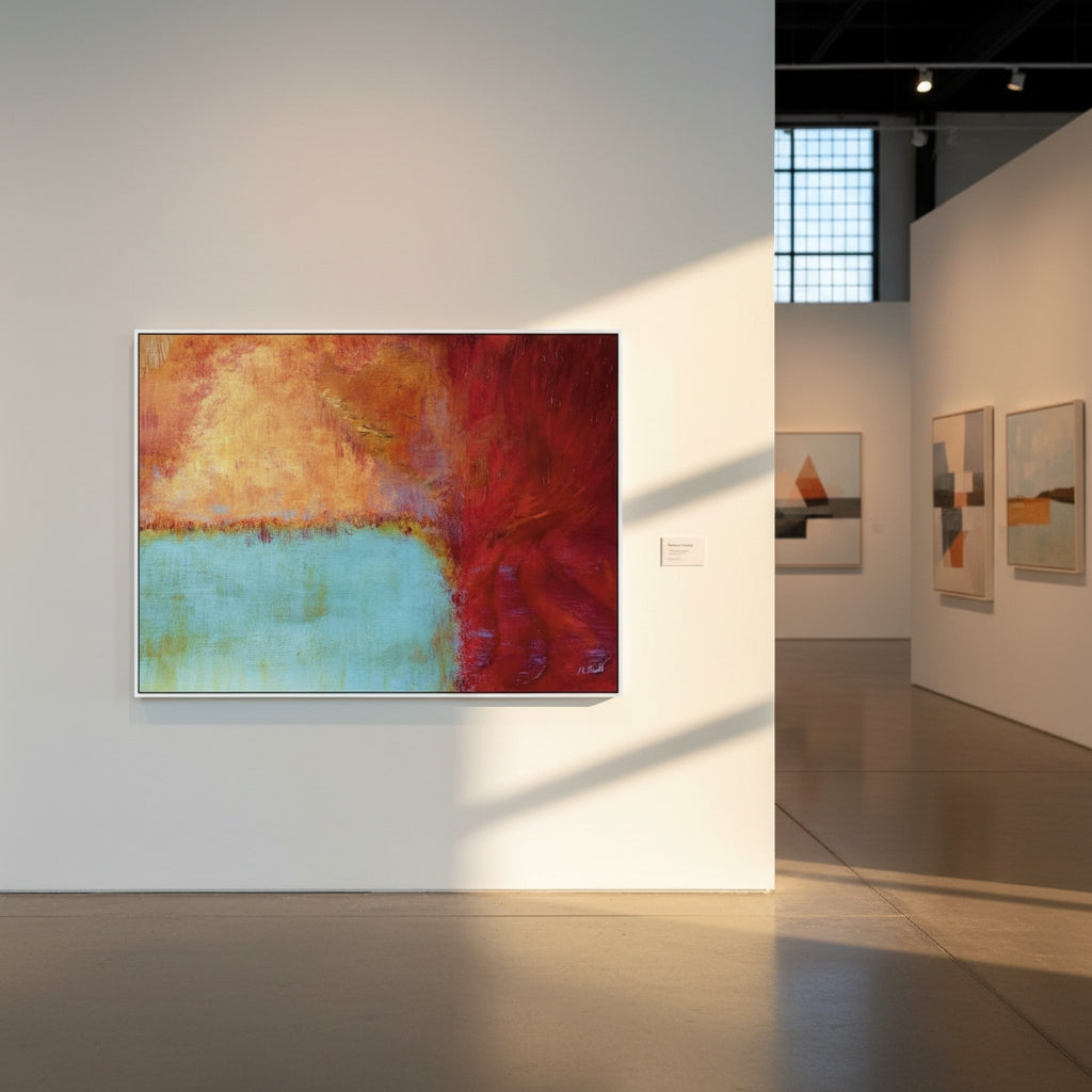 Art gallery with abstract paintings on white walls