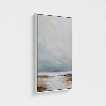 Framed artwork of a landscape with a body of water and sky.