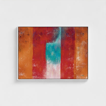 Abstract art piece with red, orange, and teal colors on a white background
