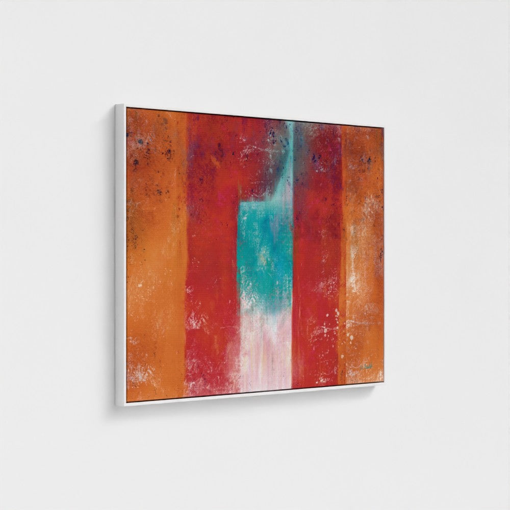 Abstract art piece with horizontal stripes of red, orange, and blue on a white background