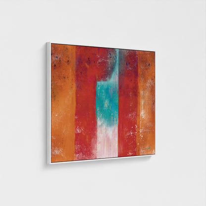 Abstract art piece with horizontal stripes of red, orange, and blue on a white background