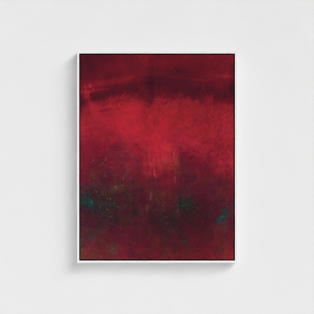 Abstract art piece with red and black colors on a white background