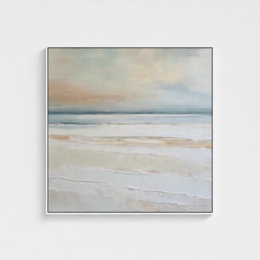 Abstract landscape painting with soft colors on a white wall