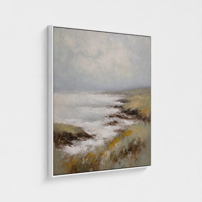 Framed painting of a coastal landscape with water and land.