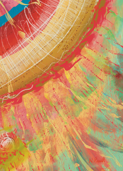 Colorful abstract painting with a prominent yellow circle