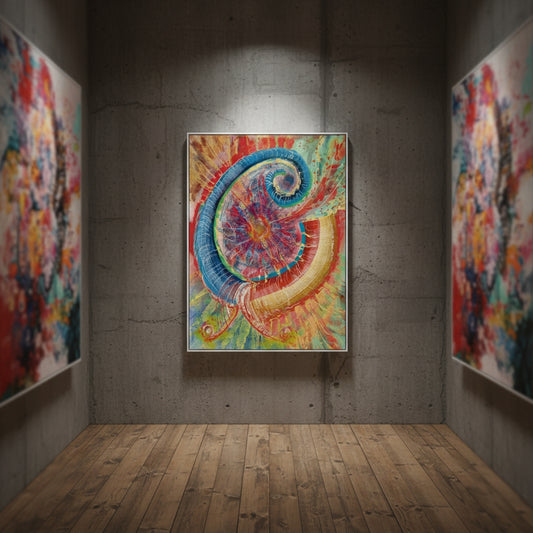 Colorful abstract art piece on a wall in an art gallery setting