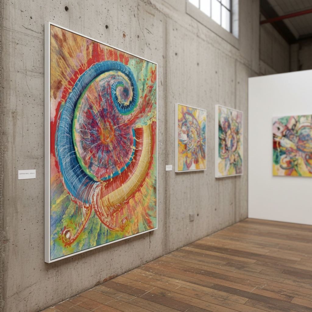 Colorful abstract art on a concrete wall in an exhibition setting