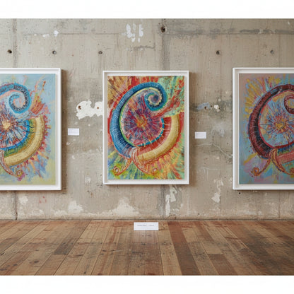 Colorful abstract art pieces on a concrete wall with wooden floor.