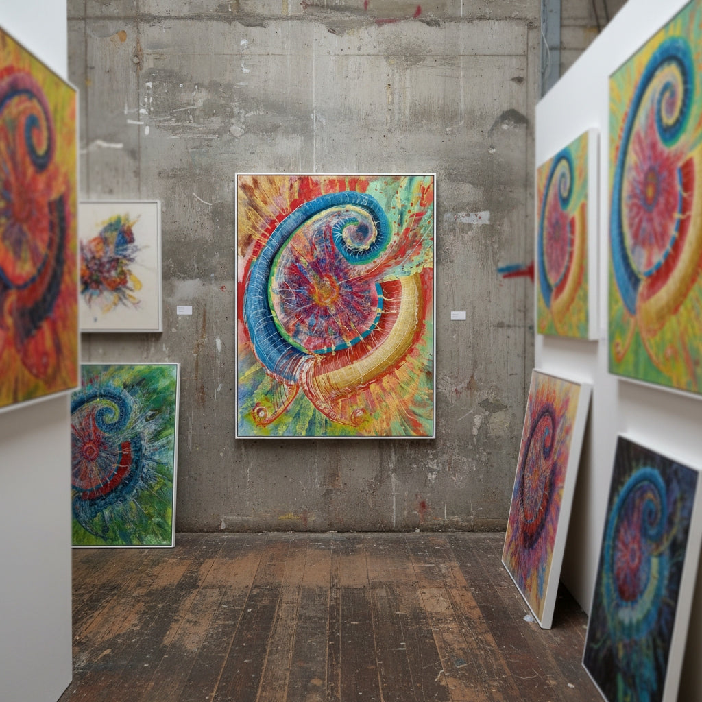 Art gallery with colorful abstract artworks on a concrete wall.