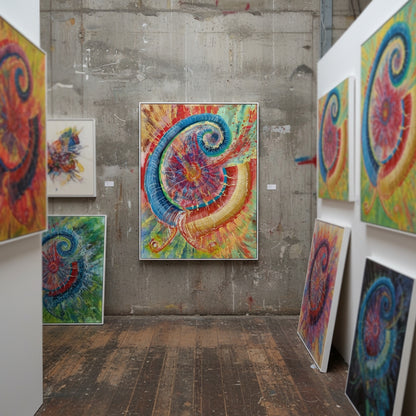 Art gallery with colorful abstract artworks on a concrete wall.