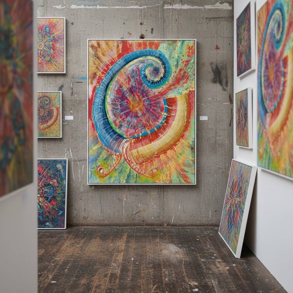Colorful abstract art pieces on a concrete wall and wooden floor.