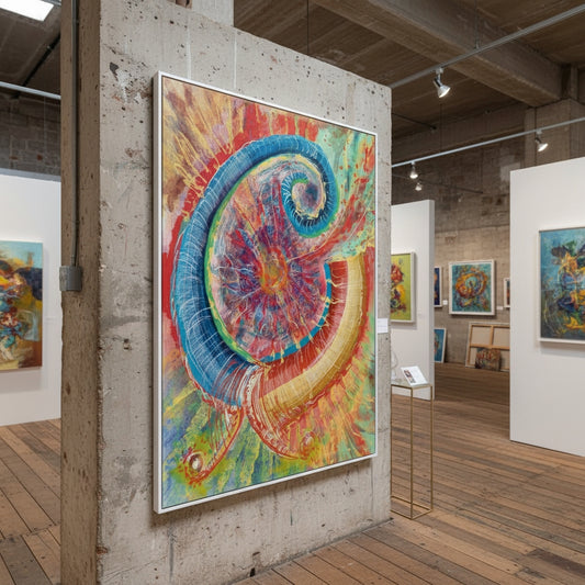 Colorful abstract painting in an art gallery setting