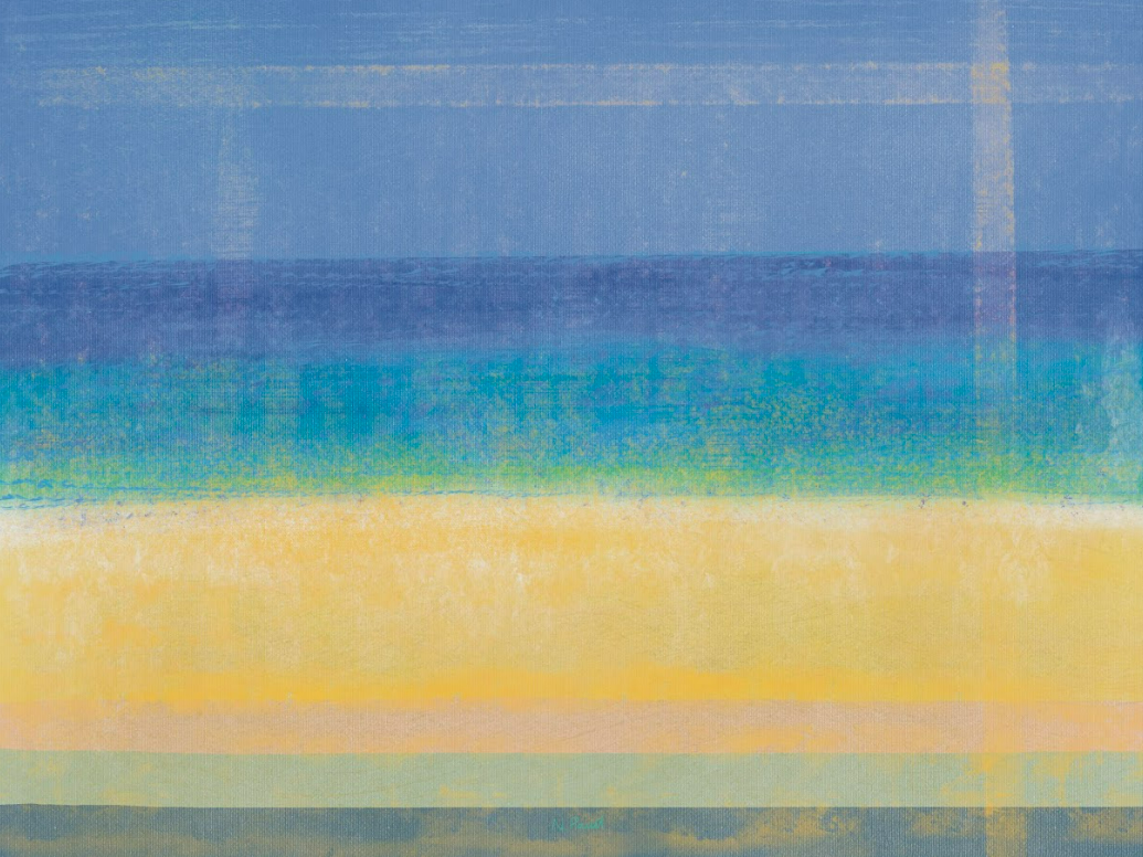 Abstract art with horizontal stripes of blue, green, and yellow.