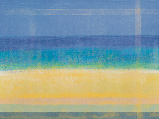 Abstract art with horizontal stripes of blue, green, and yellow.