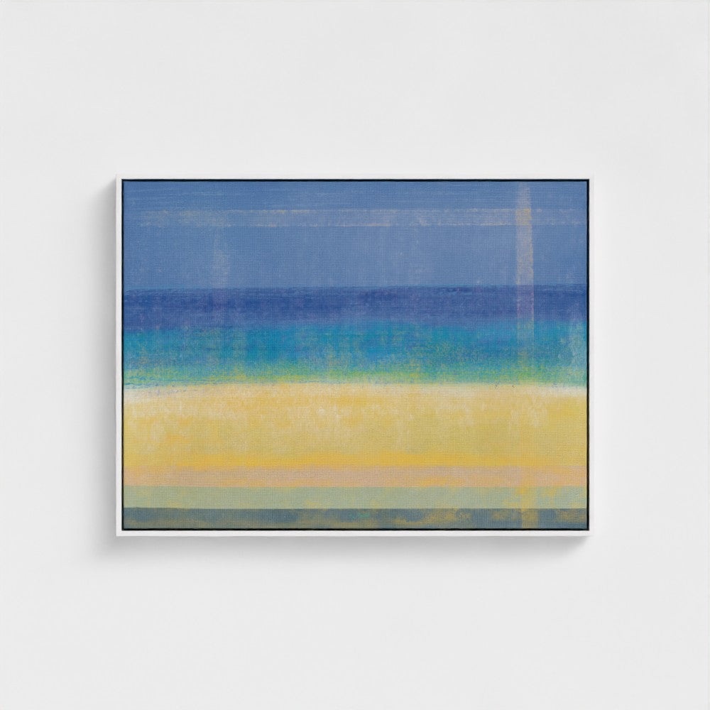 Abstract painting with horizontal stripes of blue, green, and yellow on a white background