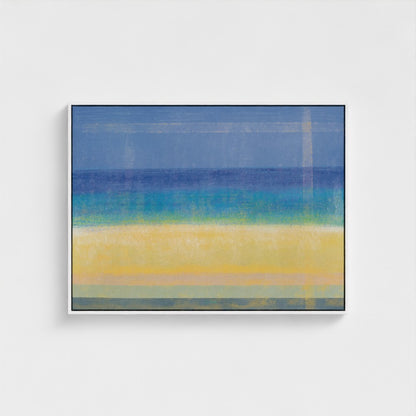 Abstract painting with horizontal stripes of blue, green, and yellow on a white background