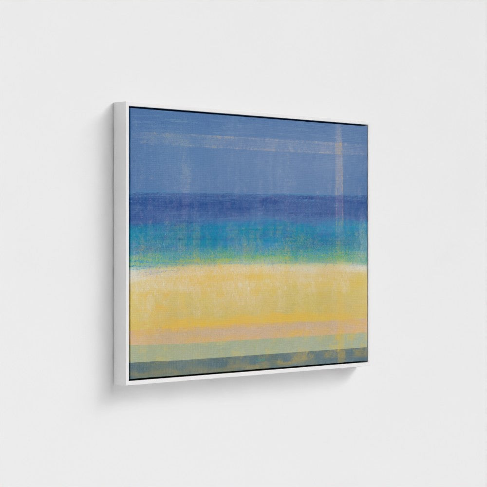 Abstract art piece with blue and yellow gradient on a white wall