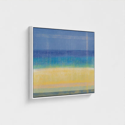 Abstract art piece with blue and yellow gradient on a white wall