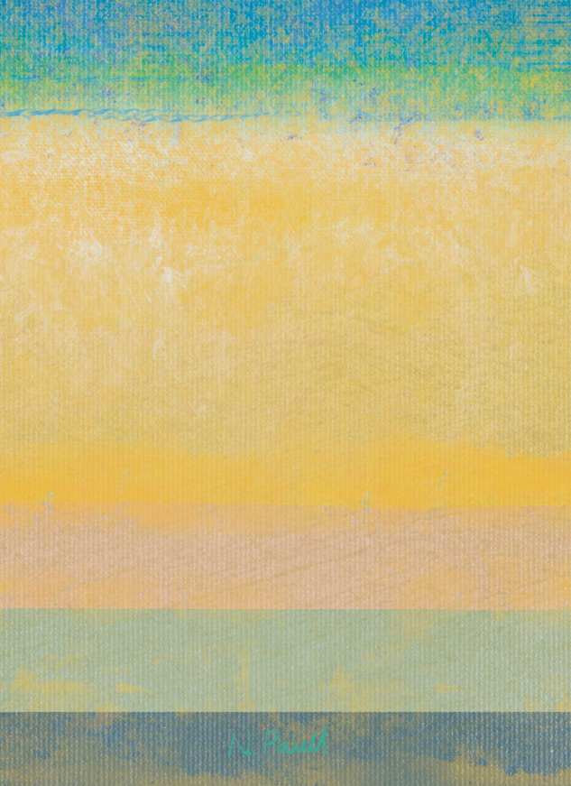 Abstract art with horizontal stripes in blue, green, and yellow.