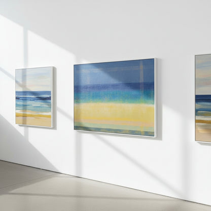 Three abstract artworks on a white wall with a minimalistic design.