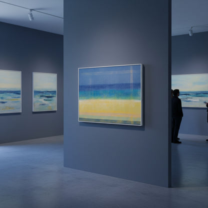 Art gallery with abstract paintings on gray walls, featuring a person observing the art.