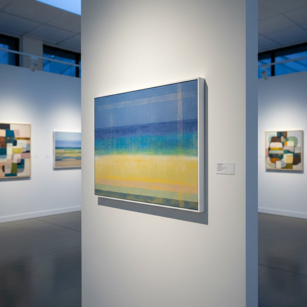 Art gallery with abstract paintings on white walls