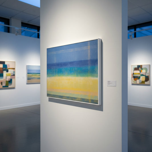 Art gallery with abstract paintings on white walls