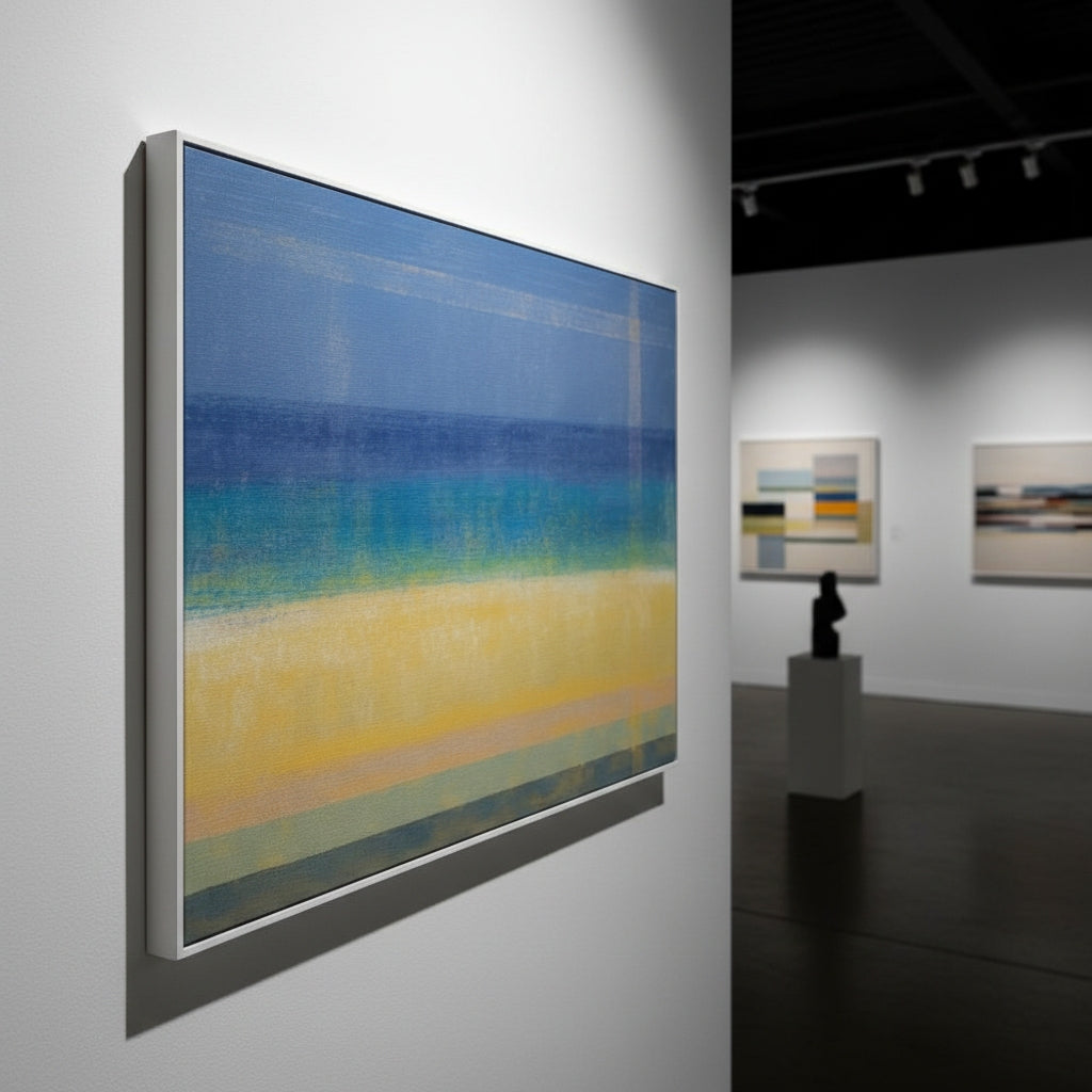 Abstract painting in a gallery setting with other artworks and a sculpture.