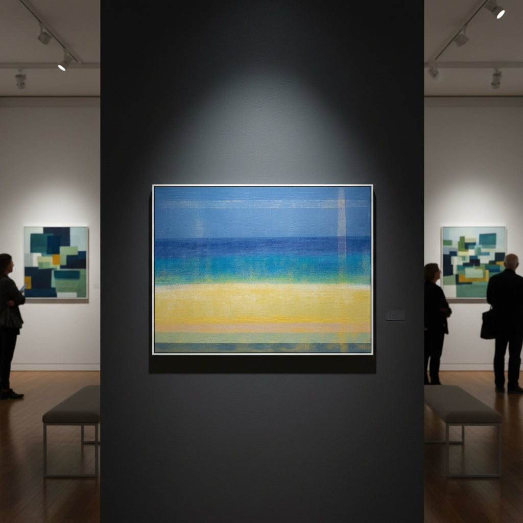 Abstract art piece on a wall in an art gallery with people observing.