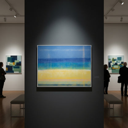 Abstract art piece on a wall in an art gallery with people observing.