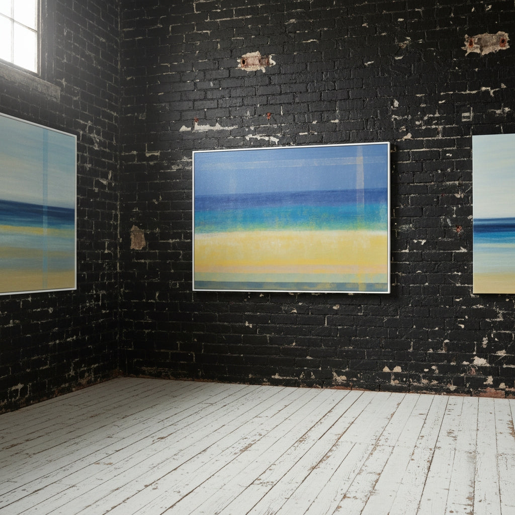 Abstract art pieces on a black brick wall with white floor.