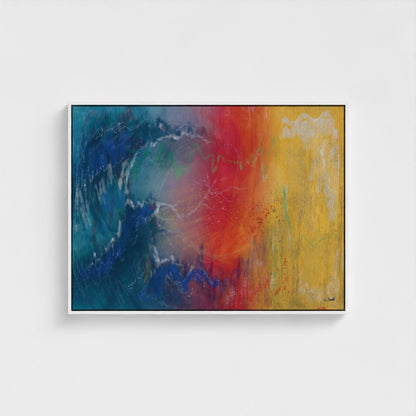 Abstract painting with blue, red, and yellow colors on a white background