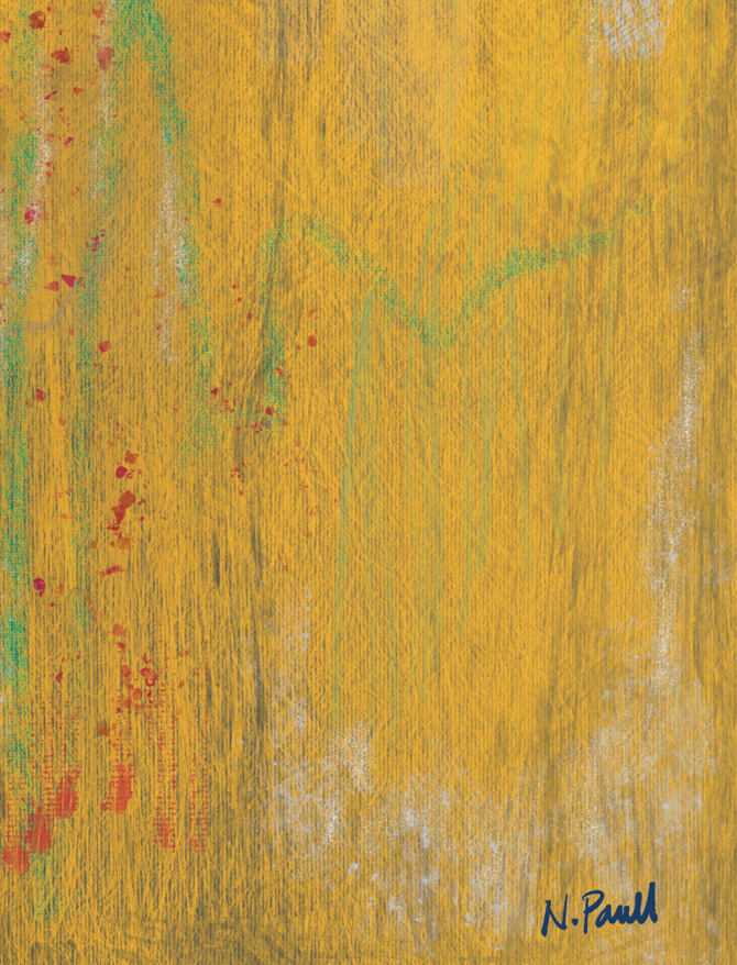 Abstract art with a signature in the bottom right corner on a yellow background