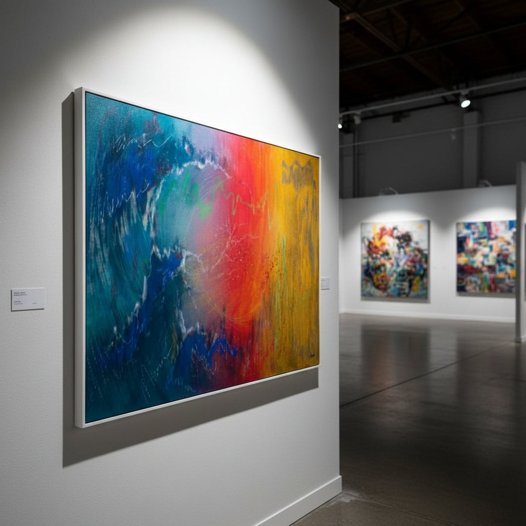 Colorful abstract painting in an art gallery setting