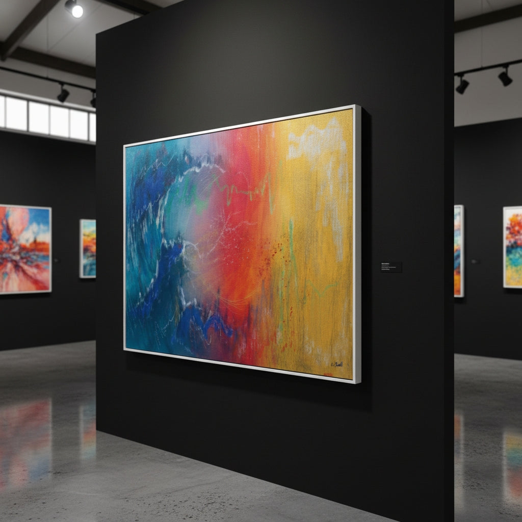 Colorful abstract painting on a black wall in an art gallery.