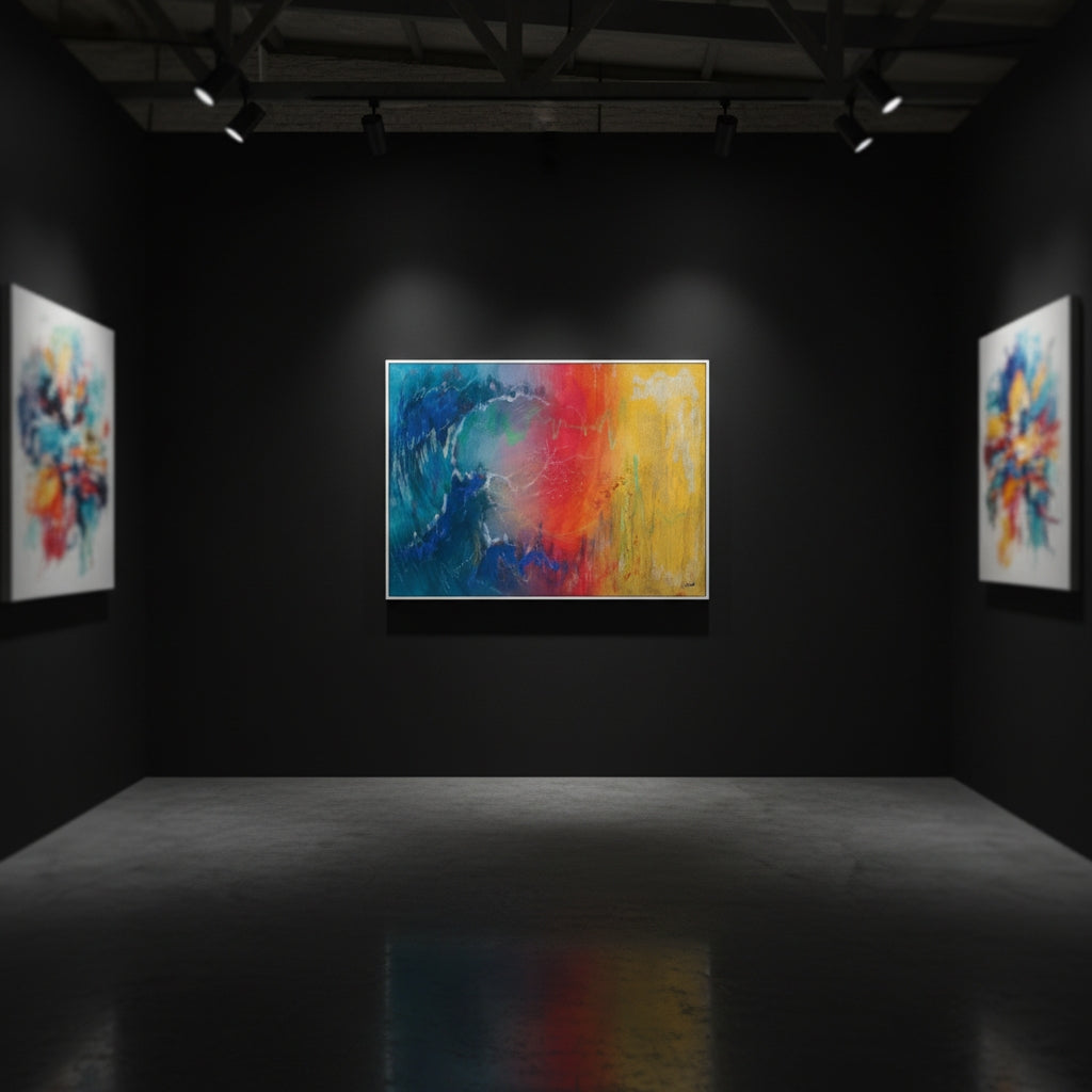 Art gallery with abstract paintings on dark walls