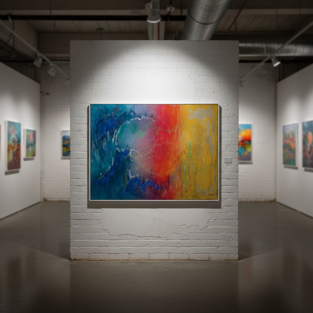 Art gallery with a colorful abstract painting on a white brick wall.
