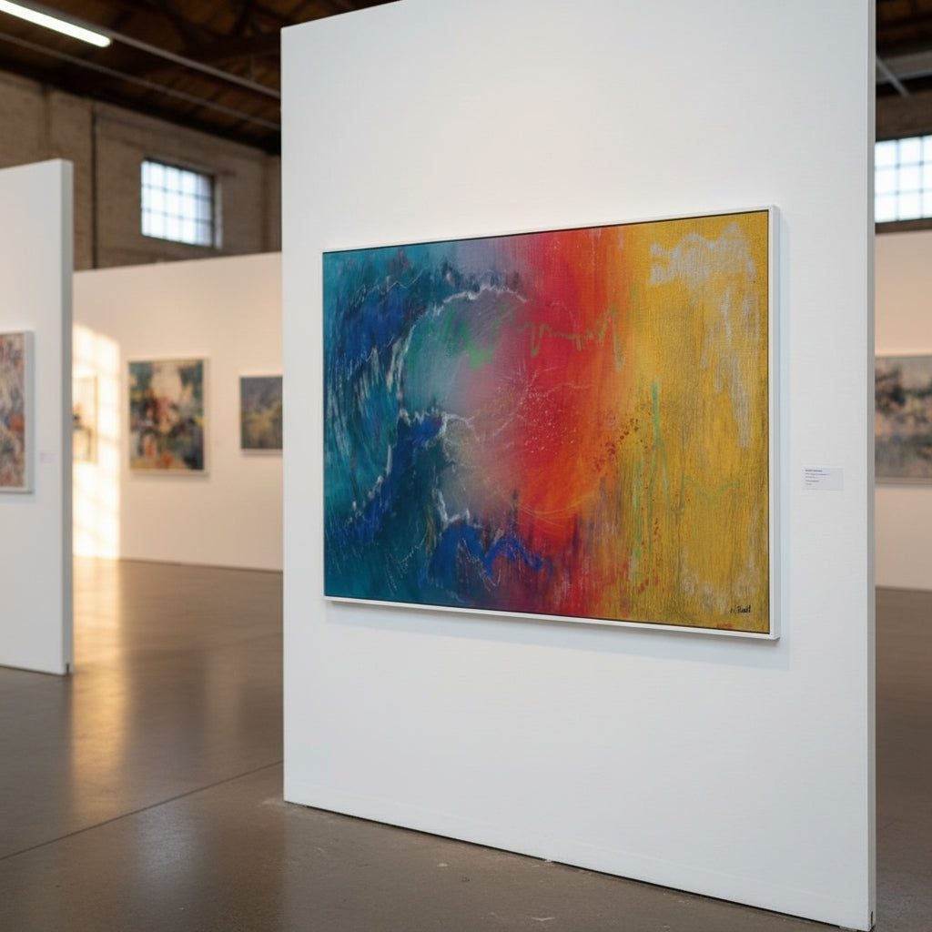 Abstract painting in a gallery setting with other artworks in the background