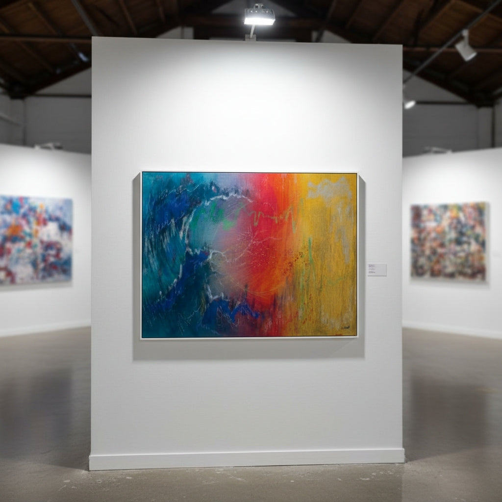 Abstract painting on a white wall in an art gallery with other artworks.