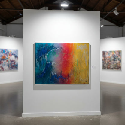 Abstract painting on a white wall in an art gallery with other artworks.